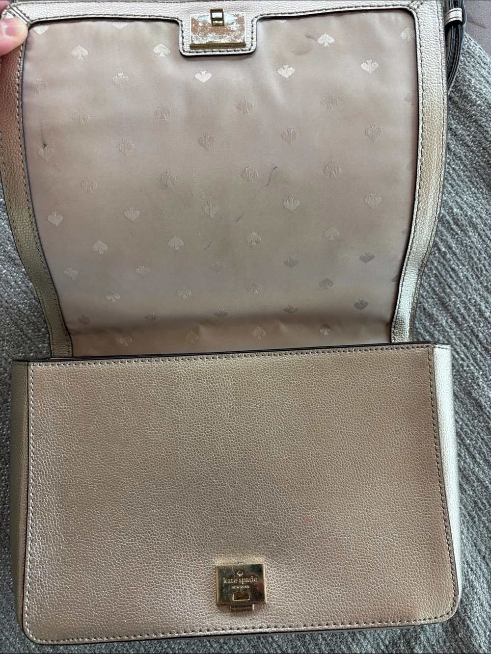 kate spade metallic taupe/beige leather top-handle satchel with gold-tone chain